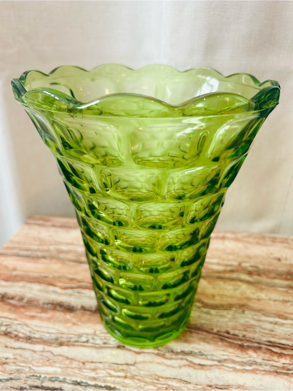Vintage Anchor Hocking Avocado Green Soreno / Cut Cell Glass Vase (8 Inch)